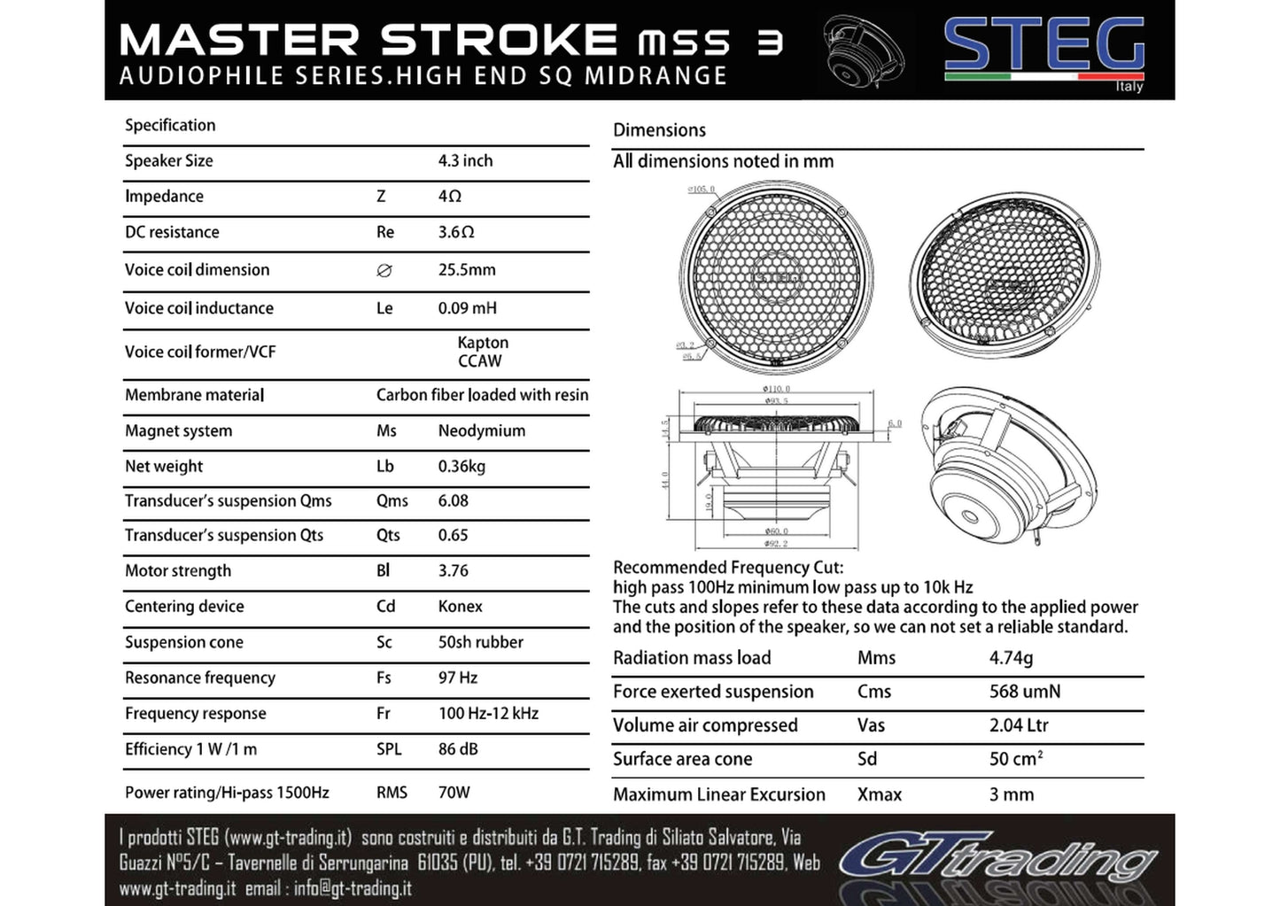 Steg Master Stroke | MSS3 - One-way 4" Car Audio Midrange Set